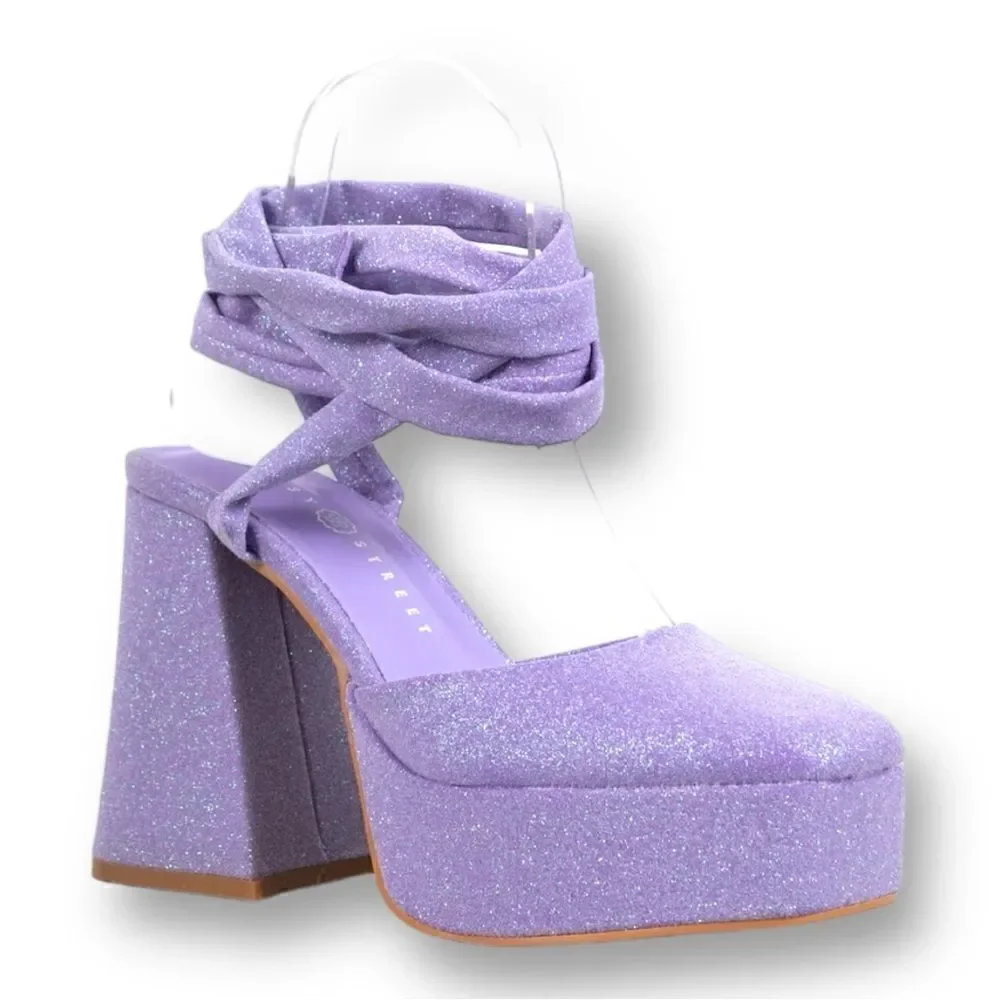 Daisy Street for Dolls Kill purple glitter platform tie up heels sz5